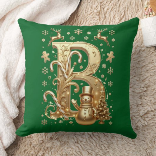 Luxury Gold Letter B Snowman Green Throw Pillow クッション (ブランケット)