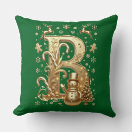 Luxury Gold Letter B Snowman Green Throw Pillow クッション