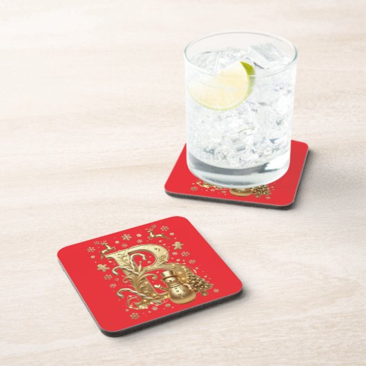 Luxury Gold Letter B Snowman Red Coaster Set コースター (右側)