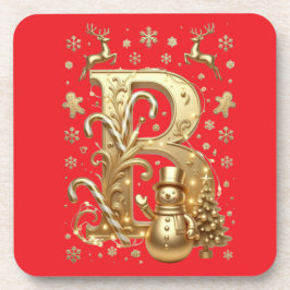 Luxury Gold Letter B Snowman Red Coaster Set コースター
