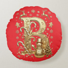 Luxury Gold Letter B Snowman Red Round Pillow ラウンドクッション