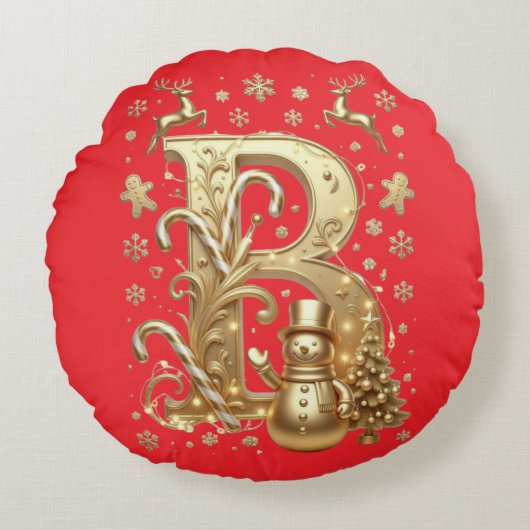Luxury Gold Letter B Snowman Red Round Pillow ラウンドクッション (正面)