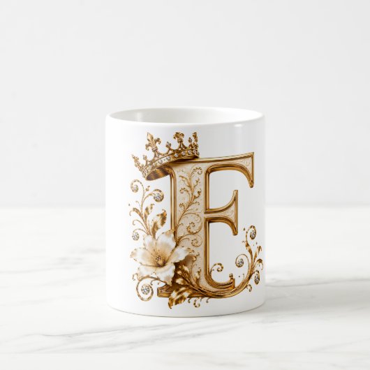 Luxury Gold Letter F Monogram with Crown & Lily Fl コーヒーマグカップ (中央)