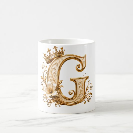 Luxury Gold Letter G Monogram with Crown & Lily Fl コーヒーマグカップ (中央)