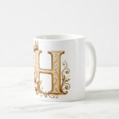 Luxury Gold Letter H Monogram with Crown & Lily Fl コーヒーマグカップ (正面右)