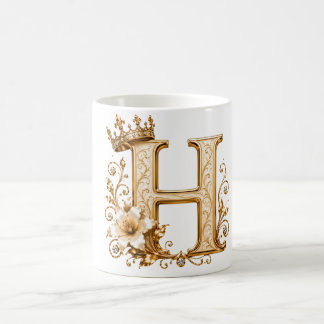 Luxury Gold Letter H Monogram with Crown & Lily Fl コーヒーマグカップ