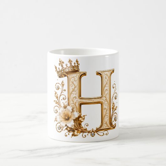 Luxury Gold Letter H Monogram with Crown & Lily Fl コーヒーマグカップ (中央)