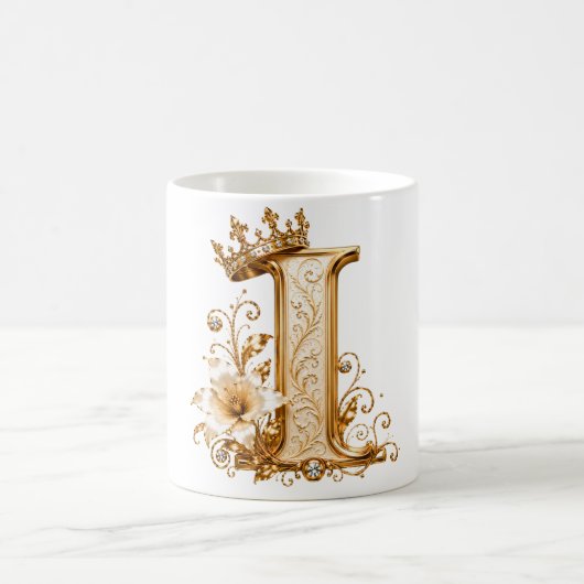 Luxury Gold Letter I Monogram with Crown & Lily Fl コーヒーマグカップ (中央)