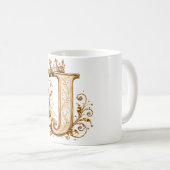 Luxury Gold Letter J Monogram with Crown & Lily Fl コーヒーマグカップ (正面右)