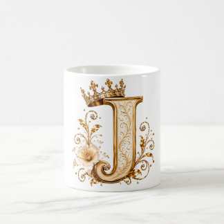 Luxury Gold Letter J Monogram with Crown & Lily Fl コーヒーマグカップ