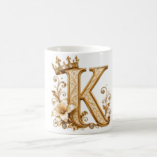 Luxury Gold Letter K Monogram with Crown & Lily Fl コーヒーマグカップ