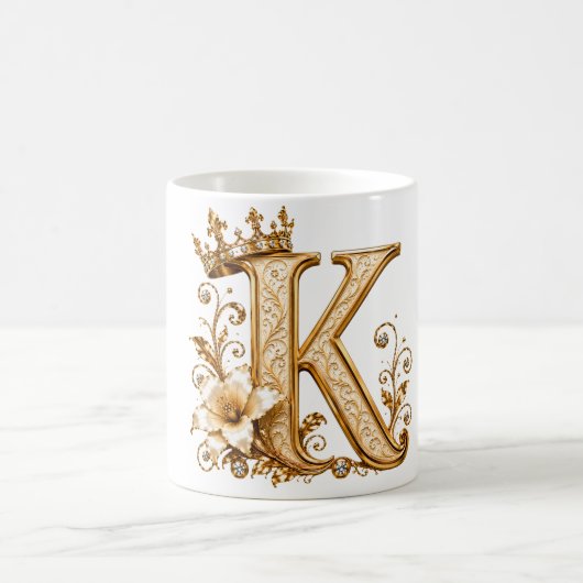 Luxury Gold Letter K Monogram with Crown & Lily Fl コーヒーマグカップ (中央)