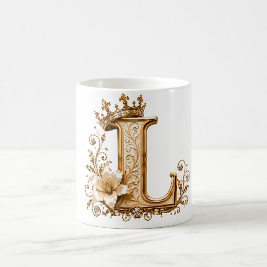 Luxury Gold Letter L Monogram with Crown & Lily Fl コーヒーマグカップ (中央)