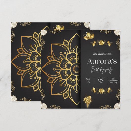 Luxury Gold Mandala & Black Floral Birthday Invita 招待状 (正面/裏面)