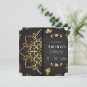 Luxury Gold Mandala & Black Floral Birthday Invita 招待状 (スタンド正面)