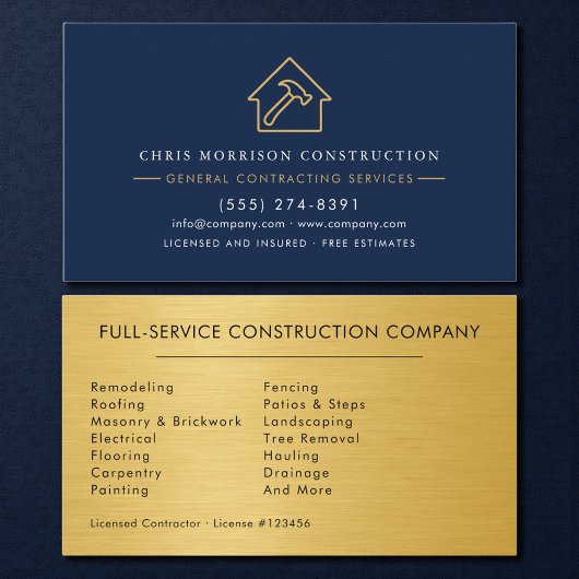 Luxury Gold Metallic Navy Blue Construction 名刺