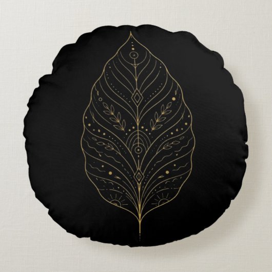 Luxury Gold Minimalist Botanical Leaf Boho Pillow ラウンドクッション (正面)