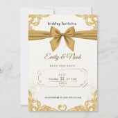 Luxury Gold Ribbon & Bow Elegant Wedding Invite 招待状 (正面)