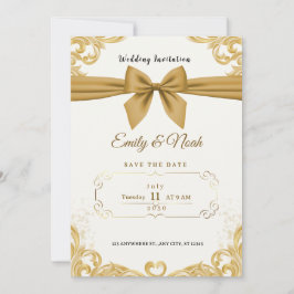 Luxury Gold Ribbon & Bow Elegant Wedding Invite 招待状