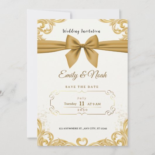 Luxury Gold Ribbon & Bow Elegant Wedding Invite 招待状 (正面)
