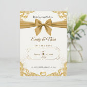 Luxury Gold Ribbon & Bow Elegant Wedding Invite 招待状 (スタンド正面)