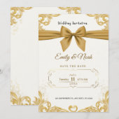 Luxury Gold Ribbon & Bow Elegant Wedding Invite 招待状 (正面/裏面)