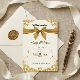 Luxury Gold Ribbon & Bow Elegant Wedding Invite 招待状