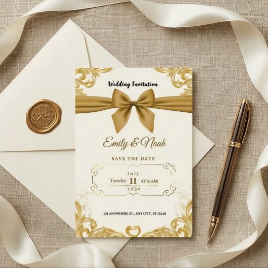 Luxury Gold Ribbon & Bow Elegant Wedding Invite 招待状