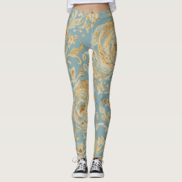 Luxury Gold Roses and Soft Blue Leggings レギンス