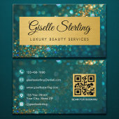 Luxury Gold Teal Opal Glitter QR Code 名刺