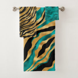 Luxury Gold Teal Tiger Stripe Pattern バスタオルセット