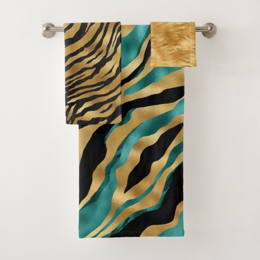 Luxury Gold Teal Tiger Stripe Pattern バスタオルセット (インサイチュ)