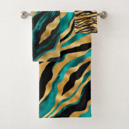 Luxury Gold Teal Tiger Stripe Pattern バスタオルセット