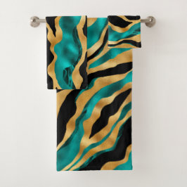 Luxury Gold Teal Tiger Stripe Pattern バスタオルセット
