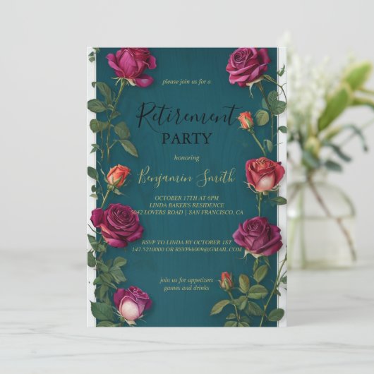 Luxury Gold Text Dark Turquoise Rose Retirement In 招待状 (スタンド正面)