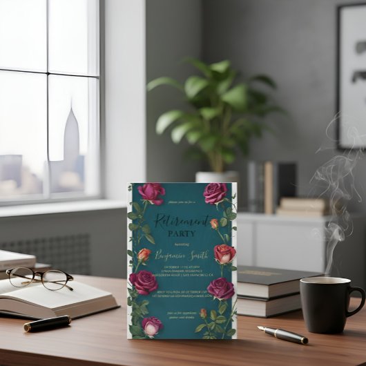 Luxury Gold Text Dark Turquoise Rose Retirement In 招待状