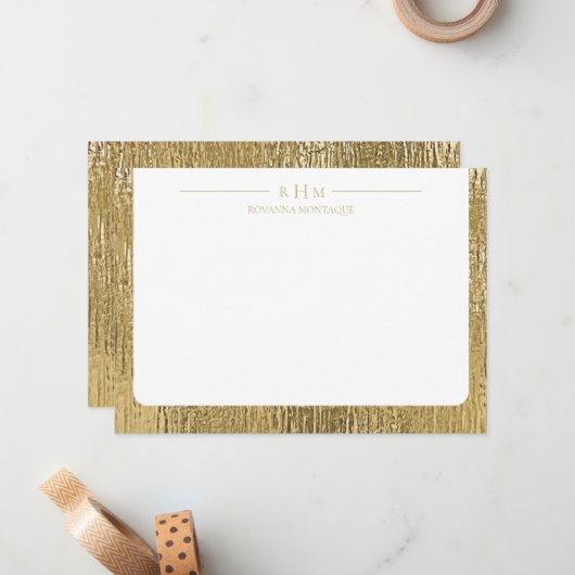 Luxury Gold Texture Lined Name Three Monogram ノートカード (正面/裏面インサイチュ)