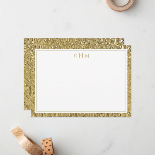 Luxury Gold Texture Two Border Three Monogram ノートカード (正面/裏面インサイチュ)