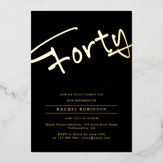 Luxury Gold Typography 40tH Birthday Party Real 箔招待状 (正面)