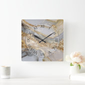 Luxury Gold & White Flowing Marble スクエア壁時計 (ホーム)