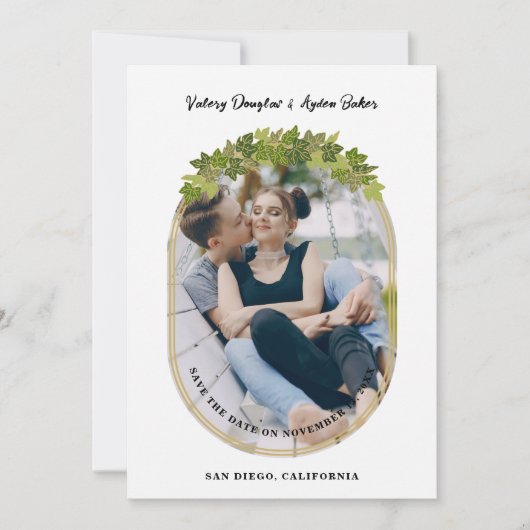 Luxury Golden Ivi Leaves Oval Frame Chic Photo セーブザデート (正面)