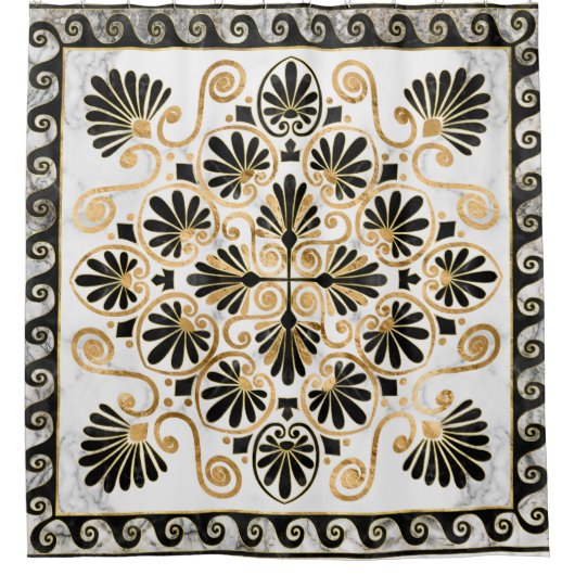 Luxury Greek Ornament Black and White Marble シャワーカーテン (正面)