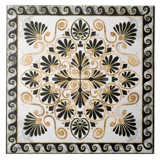 Luxury Greek Ornament Black and White Marble タイル (正面)