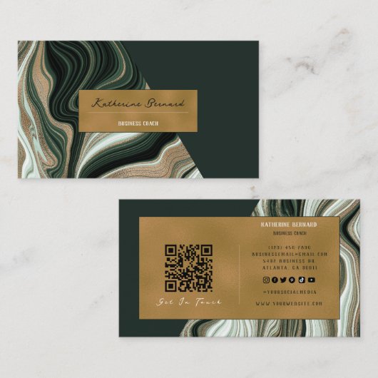 Luxury Green and Gold Marble Business Coach Card 名刺 (正面/裏面)
