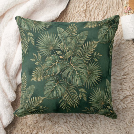 Luxury Green Gold Tropical Leaves Pattern クッション (ブランケット)