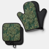 Luxury Green Gold Tropical Leaves Pattern 鍋つかみ&鍋敷きセット (正面/裏面)