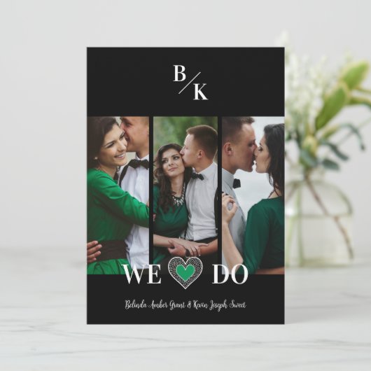 Luxury Green Heart Lace Effect 3 Multi Photos 招待状 (スタンド正面)