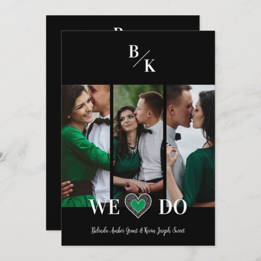 Luxury Green Heart Lace Effect 3 Multi Photos 招待状 (正面/裏面)