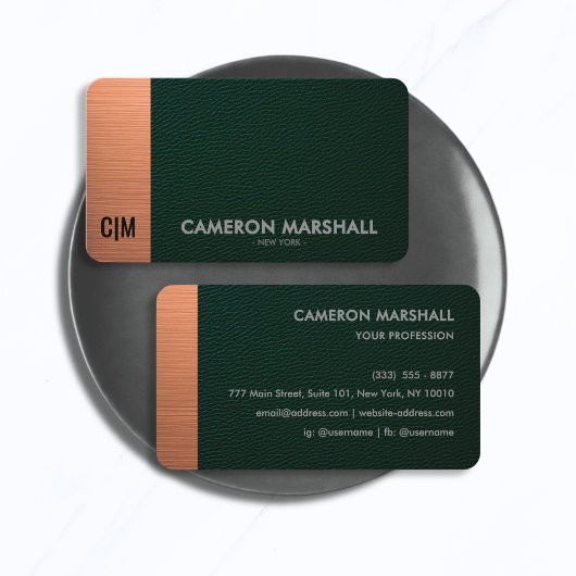 Luxury Green Leather Monogram with Copper Accent  名刺