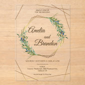 Luxury Greenery Berry Geometric Gold Wedding アクリル招待状 (正面)